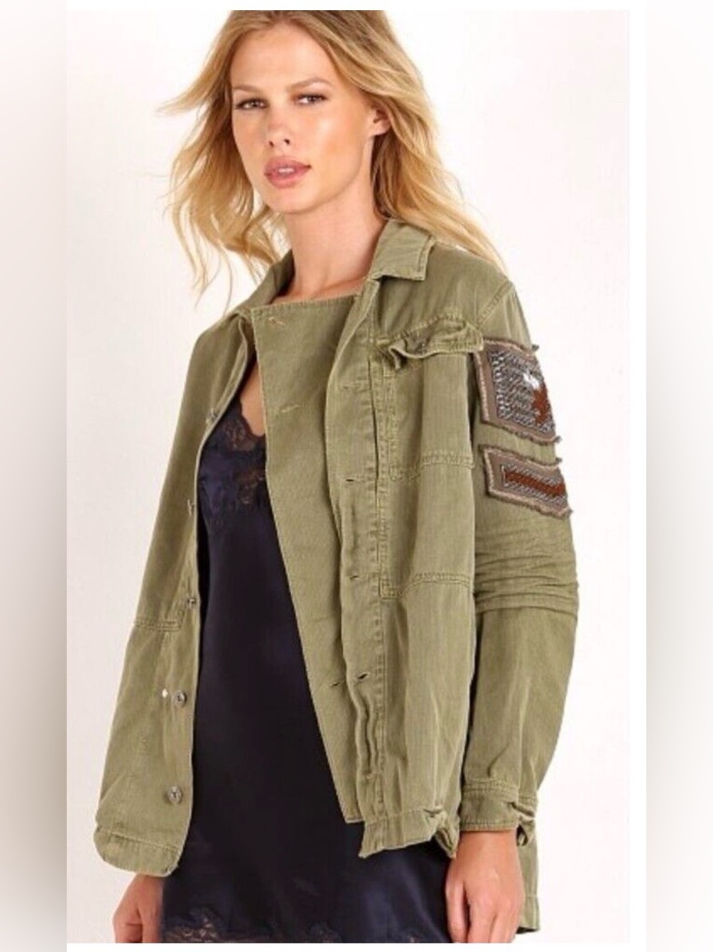 Free People Olive Military Utility Jacket Beaded Eagle Patch Cotton Small